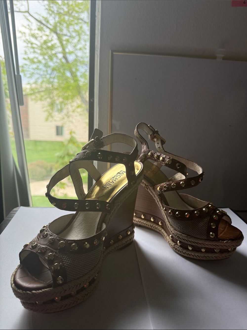 Michael Kors Brown Studded Wedge Espadrille Sandals - Picture 5 of 7